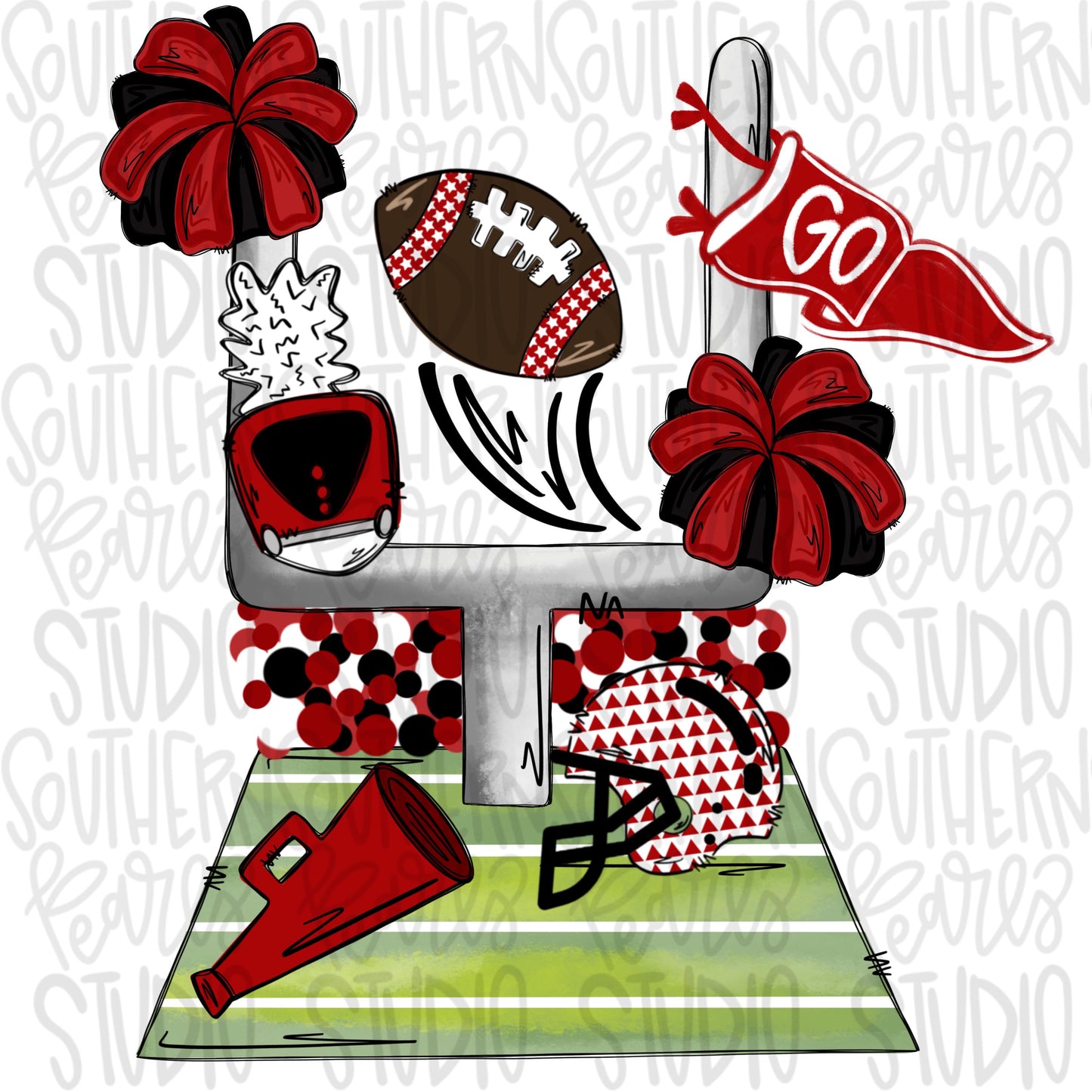 Football field with items | red black and white| 2 designs front & back | Go Team | PNG | Sublimation | Design Download