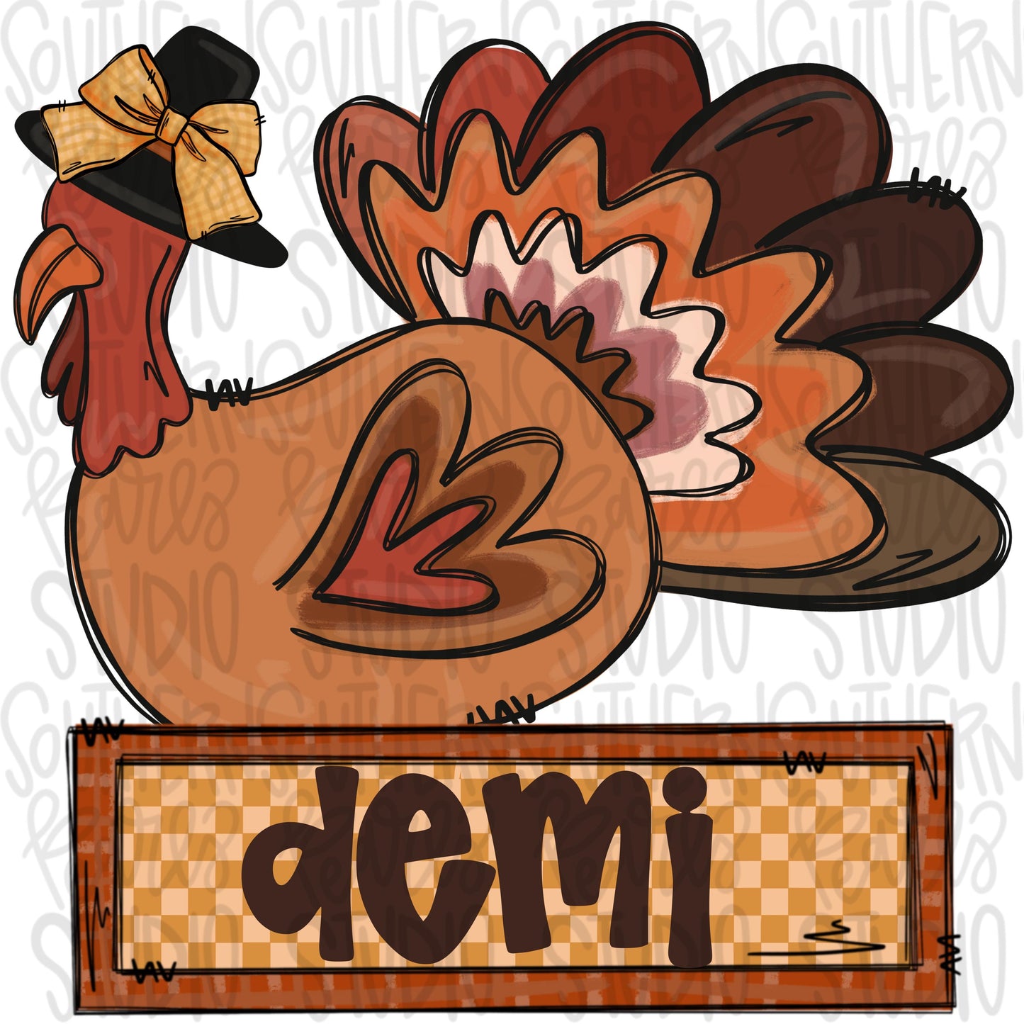 Turkey pilgrim with bow and Name Patch | Sublimation Design | Digital Download | Women’s, Kids Shirt PNG