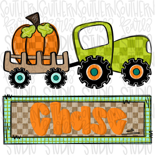 Fall tractor carrying Pumpkin with Name Patch | Sublimation Design | Digital Download | Women’s, Kids Shirt PNG