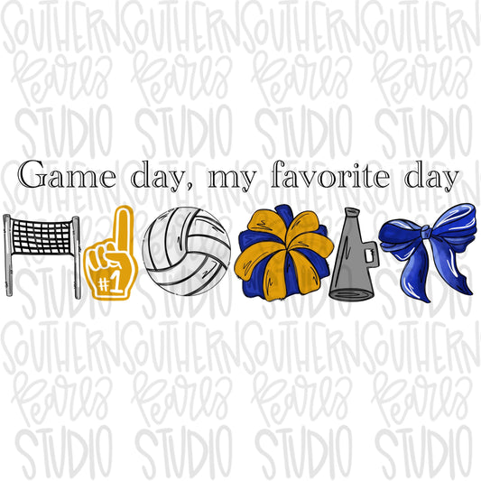 Game Day my favorite day | volleyball and net | royal and yellow gold | Go Team | PNG | Sublimation | Design Download