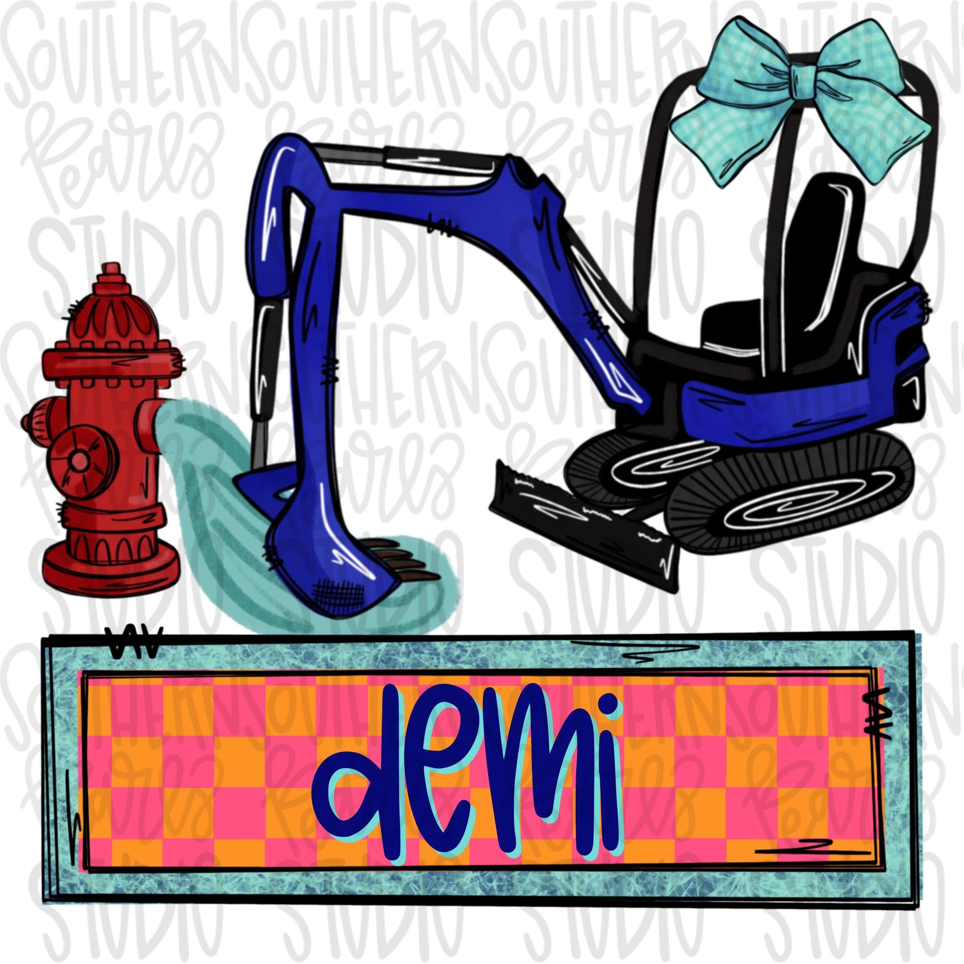 Water authority excavator design with bow and name plate royal pink orange| Sublimation Design | Digital Download | Women’s, Kids Shirt PNG