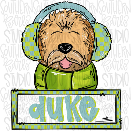 Goldendoodle with earmuffs and scarf with name patch | boy | Sublimation Design | Digital Download | Women’s, Kids Shirt PNG