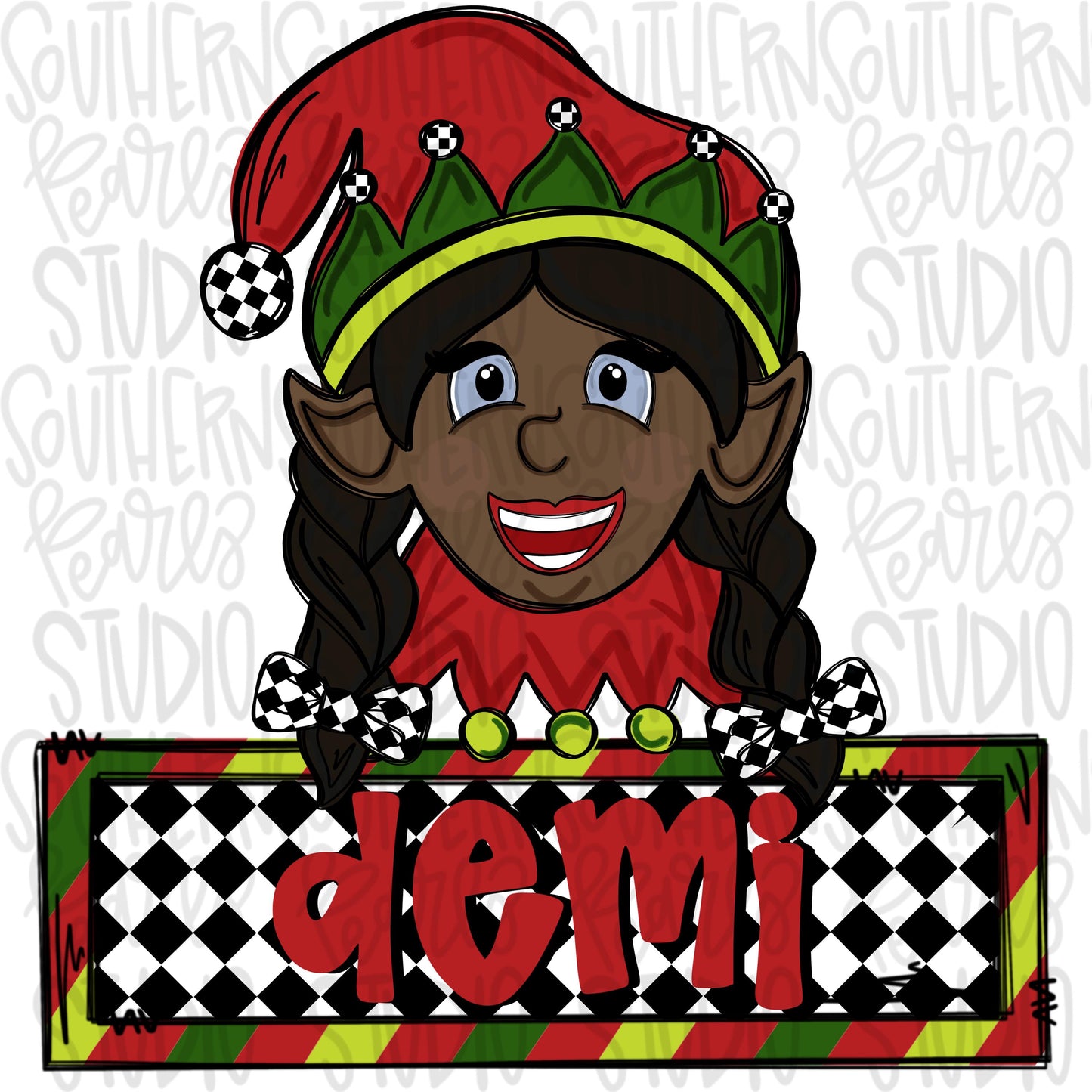 Santa’s helpers Elves girl black hair with name patch | Sublimation Design | Digital Download | Women’s, Kids Shirt PNG