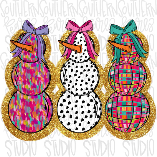 Snowmen women bright colors with bows and glitter outline| Sublimation Design | Digital Download | Women’s, Kids Shirt PNG