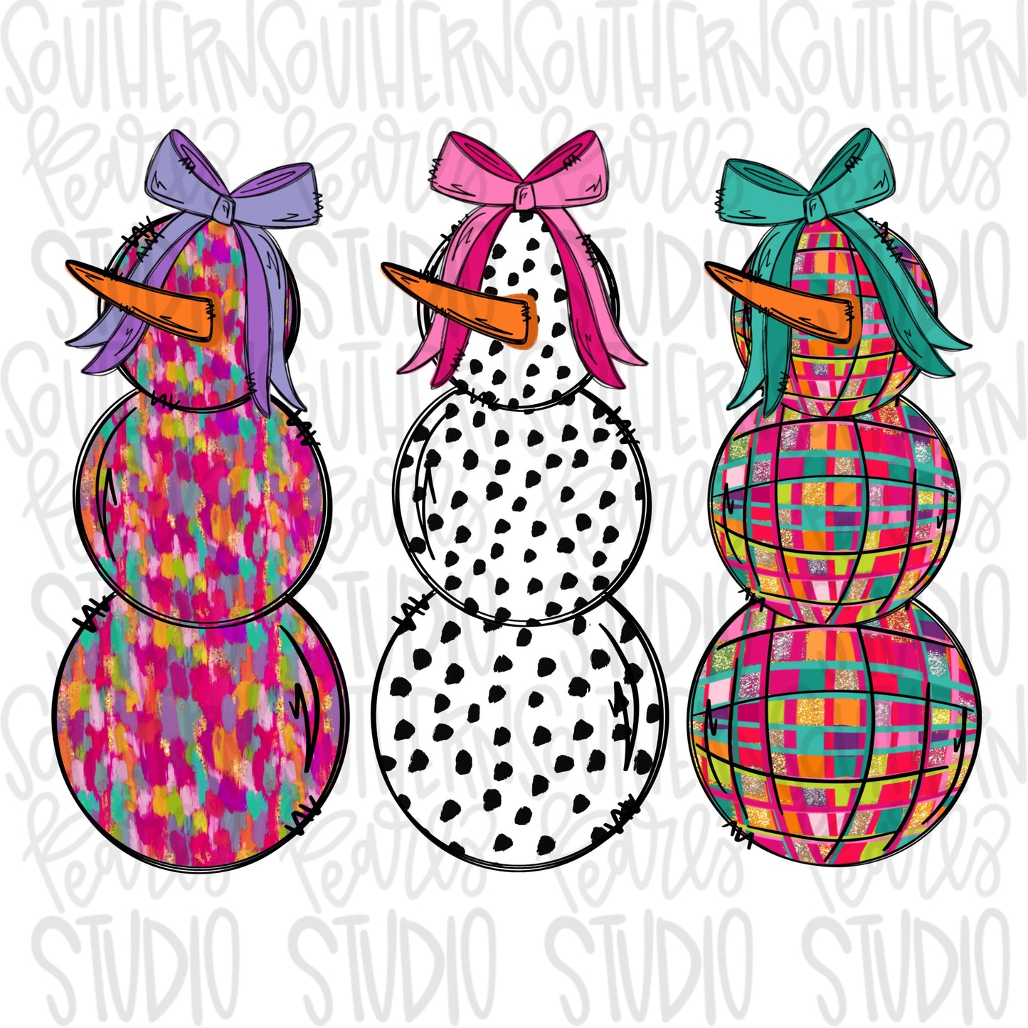 Snowmen women bright colors with bows | Sublimation Design | Digital Download | Women’s, Kids Shirt PNG