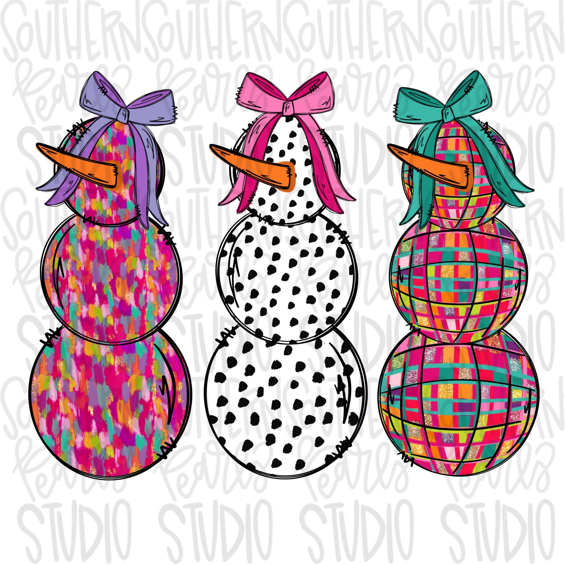 Snowmen women bright colors with bows | Sublimation Design | Digital Download | Women’s, Kids Shirt PNG