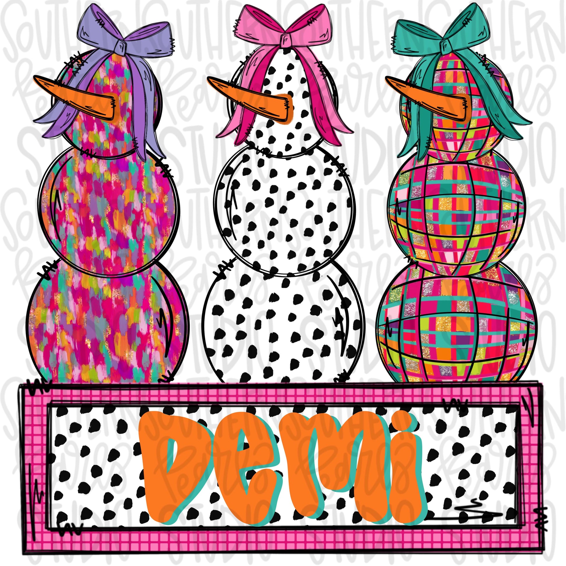 Snowmen women bright colors with bows and name patch | Sublimation Design | Digital Download | Women’s, Kids Shirt PNG