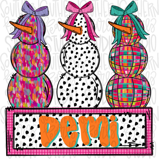 Snowmen women bright colors with bows and name patch | Sublimation Design | Digital Download | Women’s, Kids Shirt PNG