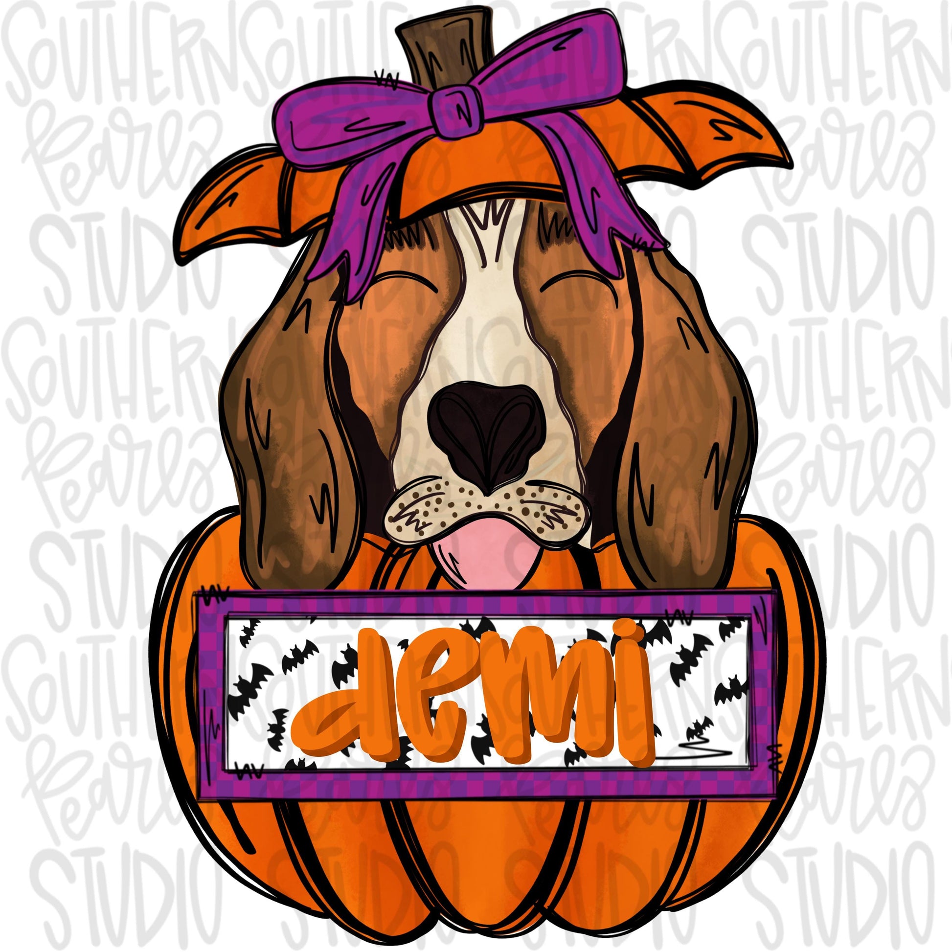 Beagle in pumpkin with bow and Name Patch | Sublimation Design | Digital Download | Women’s, Kids Shirt PNG