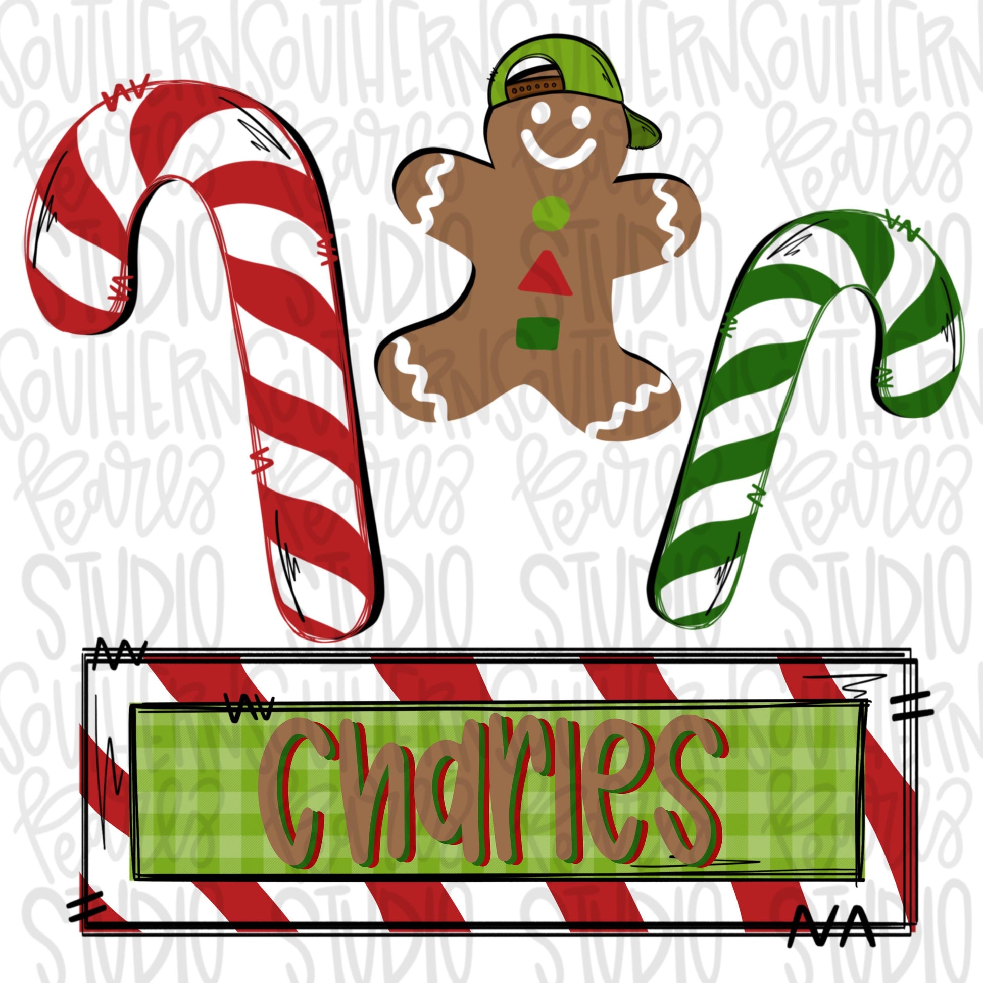 Candy cane and gingerbread boy with backwards hat name patch | Sublimation Design | Digital Download | Women’s, Kids Shirt PNG