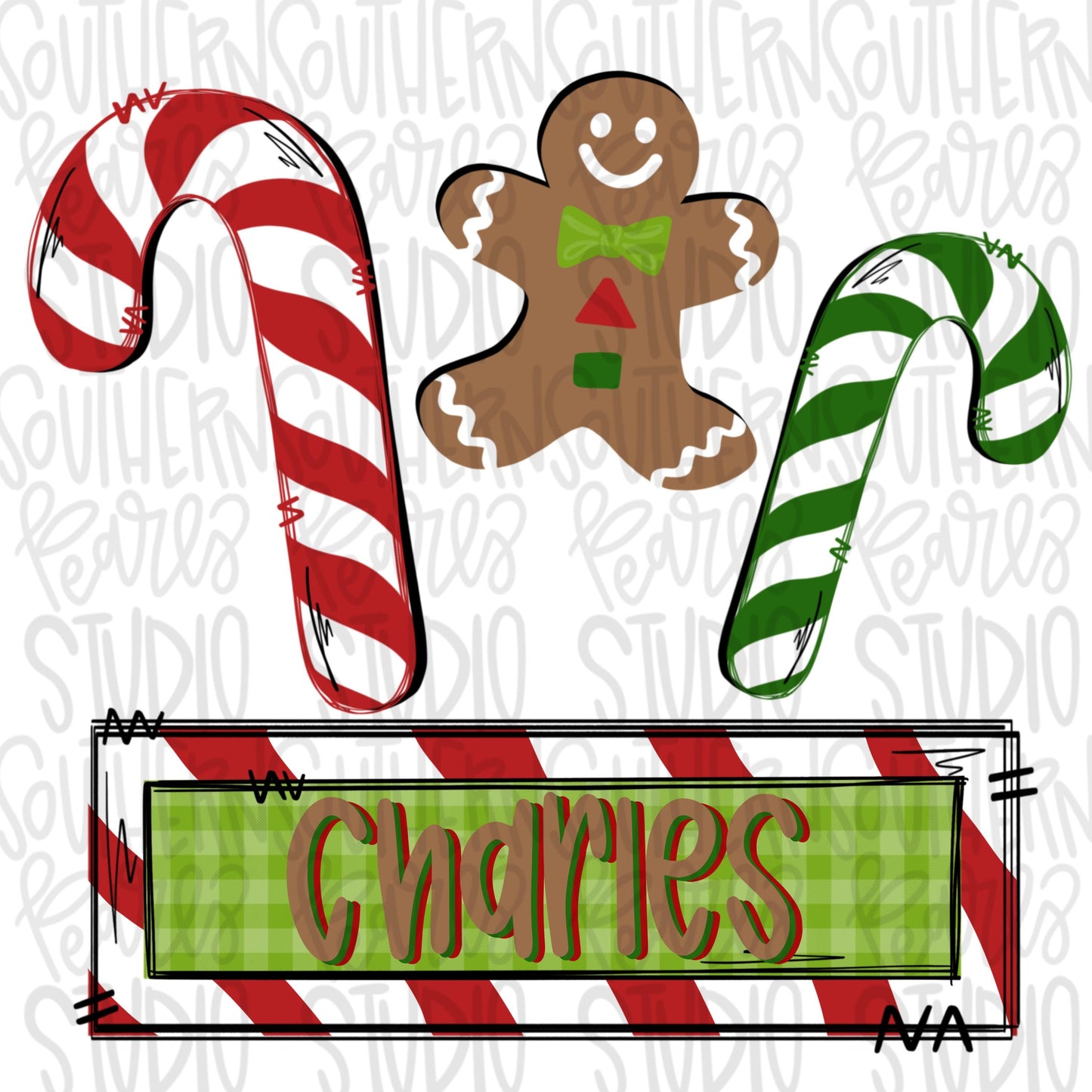 Candy cane and gingerbread boy with bow tie and name patch | Sublimation Design | Digital Download | Women’s, Kids Shirt PNG