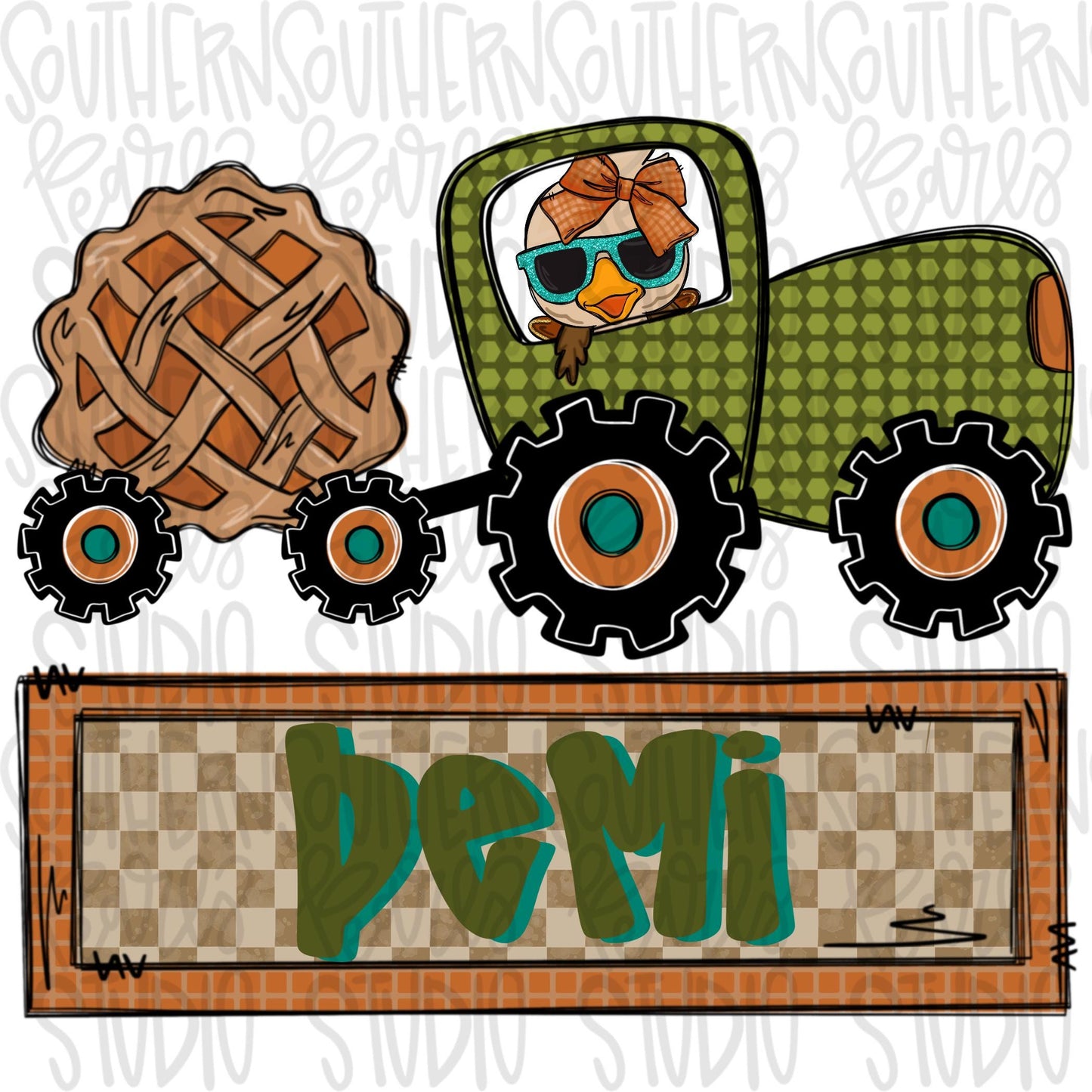 Turkey driving tractor pulling pumpkin pie with Name Patch | girl | Sublimation Design | Digital Download | Women’s, Kids Shirt PNG