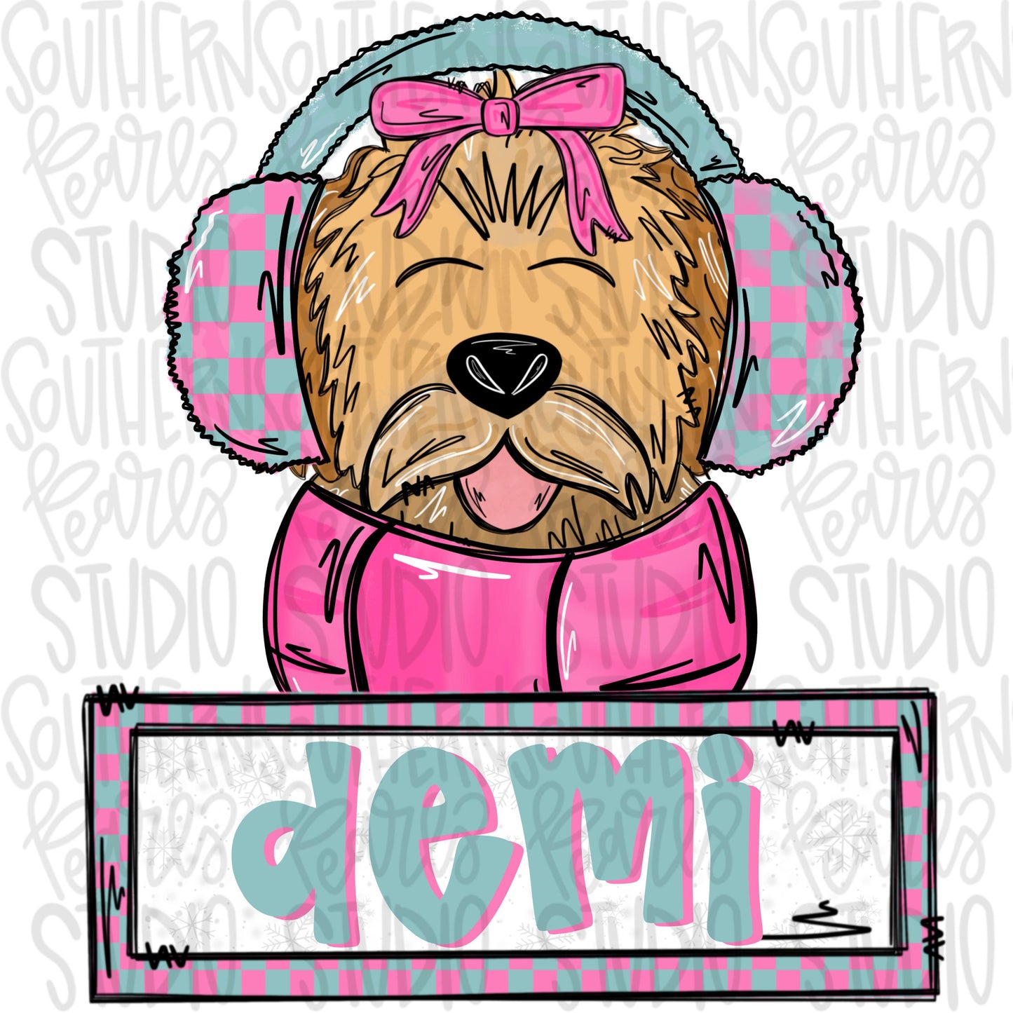 Goldendoodle with earmuffs and scarf with name patch | girl | Sublimation Design | Digital Download | Women’s, Kids Shirt PNG