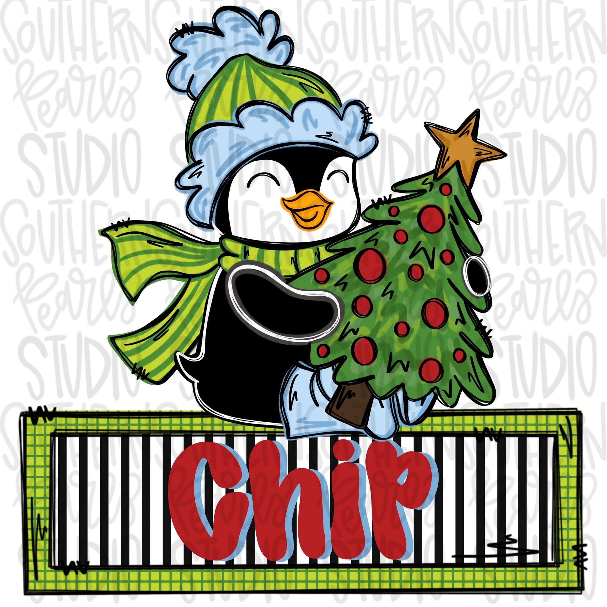 Penguin holding christmas tree with name patch | Sublimation Design | Digital Download | Women’s, Kids Shirt PNG