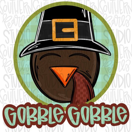 Turkey with pilgrim hat in circle | Gobble | Sublimation Design | Digital Download | Women’s, Kids Shirt PNG