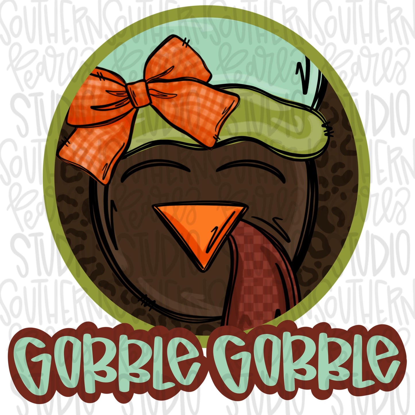 Turkey with pilgrim bonnet and bow in circle | Gobble | Sublimation Design | Digital Download | Women’s, Kids Shirt PNG