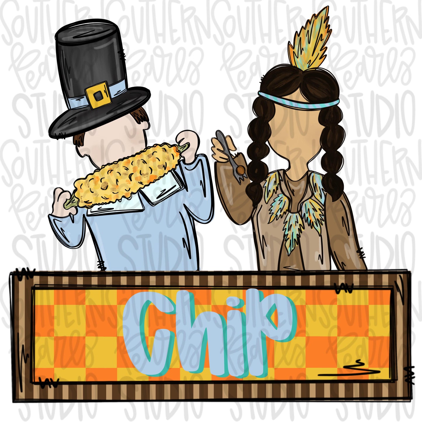 Thanksgiving Indian and Pilgrim Boy with name patch | Sublimation Design | Digital Download | Women’s, Kids Shirt PNG