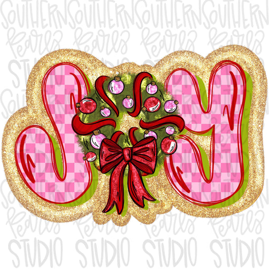 JOY with Christmas wreath with ornaments and bow | Sublimation Design | Digital Download | Women’s, Kids Shirt PNG