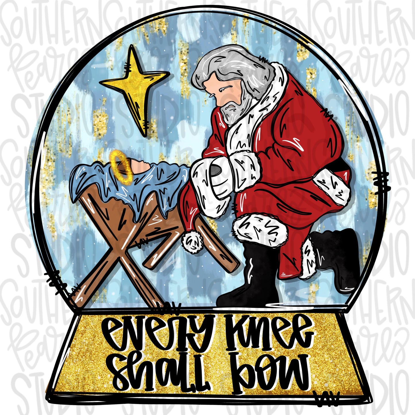 Every knee shall bow | Santa kneeling before baby Jesus in snow globe | Sublimation Design | Digital Download | Women’s, Kids Shirt PNG