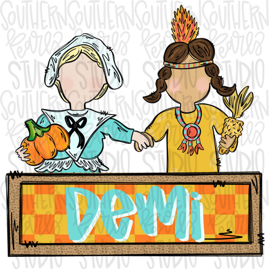 Thanksgiving Indian and Pilgrim Girl with name patch | Sublimation Design | Digital Download | Women’s, Kids Shirt PNG