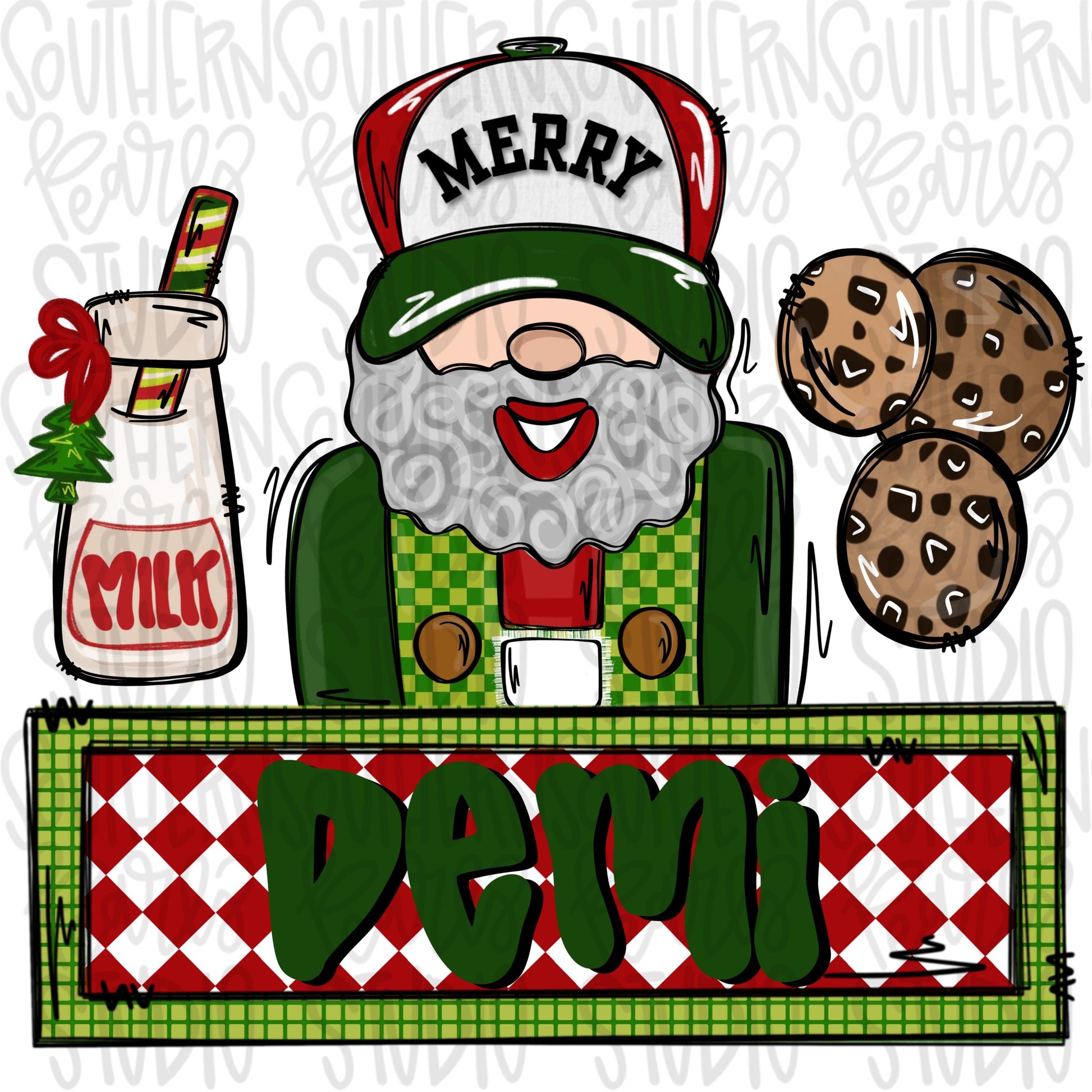 Santa with merry hat and milk and cookies with name patch | Sublimation Design | Digital Download | Women’s, Kids Shirt PNG