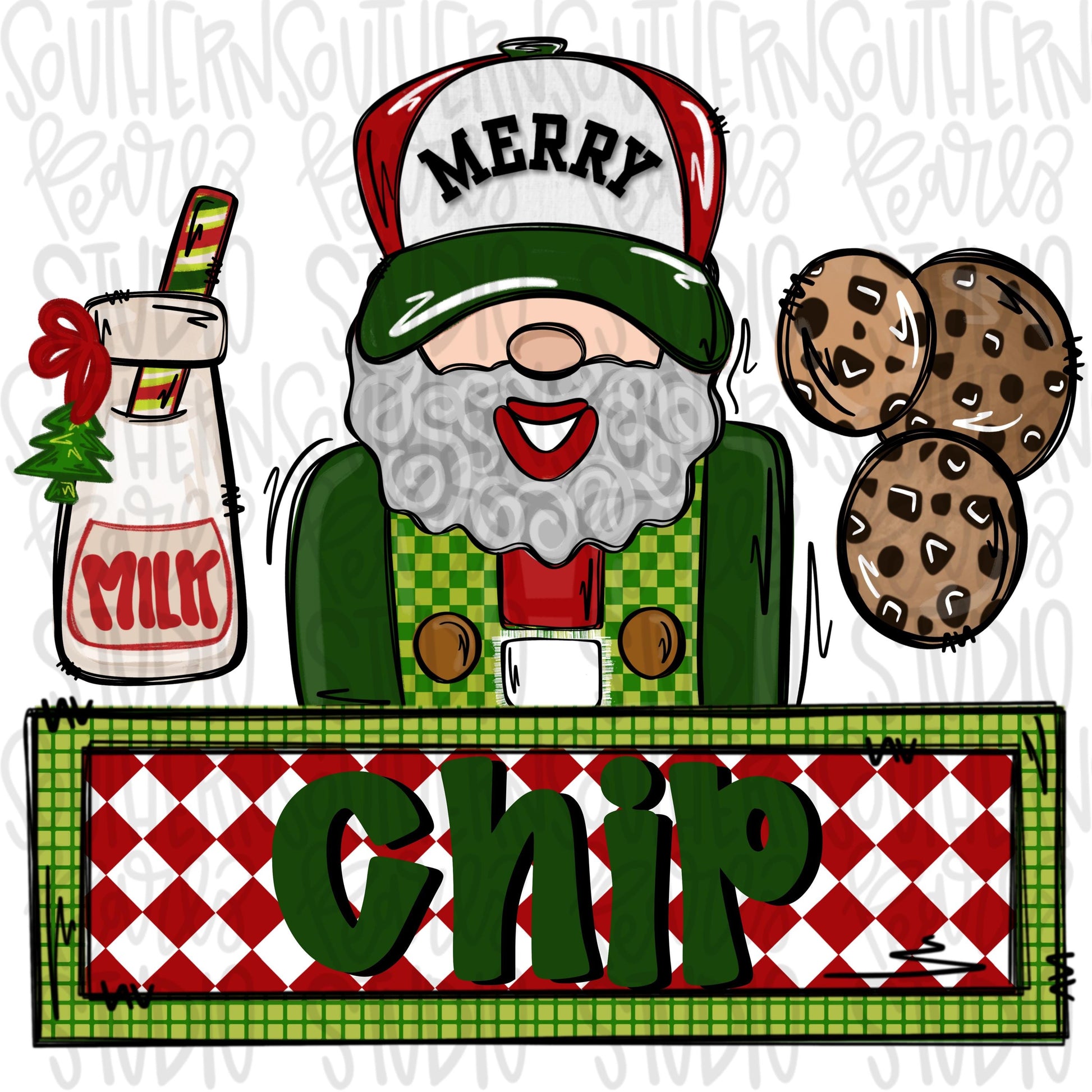 Santa with merry hat and milk and cookies with name patch | Sublimation Design | Digital Download | Women’s, Kids Shirt PNG