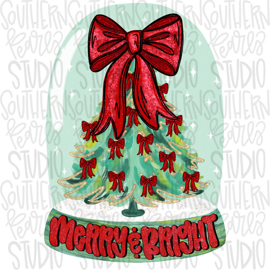 Merry and Bright snow globe with a Watercolor Christmas tree with bows | Sublimation Design | Digital Download | Women’s, Kids Shirt PNG