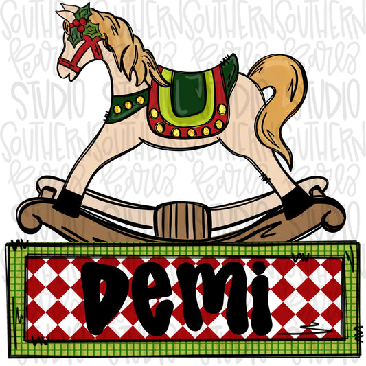 Christmas rocking horse with mistletoe and name patch | Sublimation Design | Digital Download |Women’s, Kids Shirt PNG