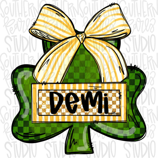 St Patrick’s clover wearing a bow with name patch | Sublimation Design | Digital Download | Women’s, Kids Shirt PNG