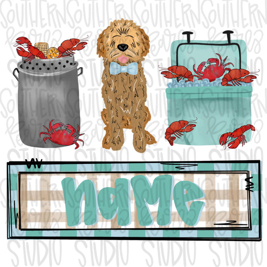 Crawfish boil with goldendoodle trio | boy name patch | Crawfish Season | Sublimation Design | Digital Download | Women’s, Kids Shirt PNG