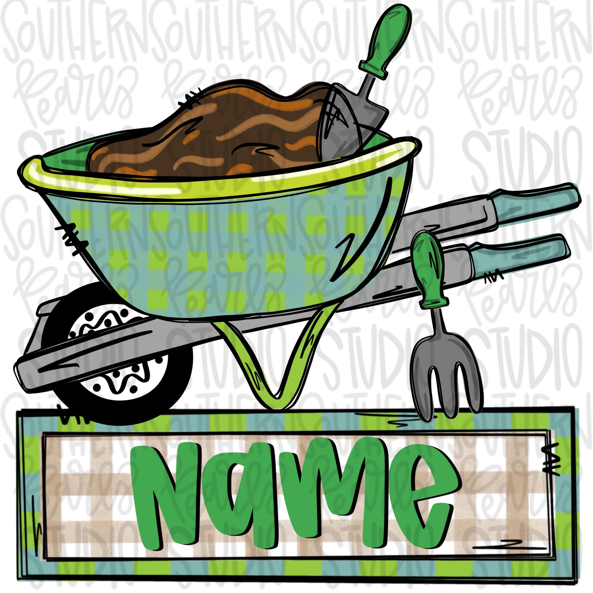 Wheelbarrow with dirt and shovels and name patch | Sublimation Design | Digital Download | Women’s, Kids Shirt PNG