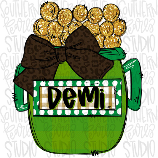 St Patrick’s pot of gold with bow girl with name patch | Sublimation Design | Digital Download | Women’s, Kids Shirt PNG