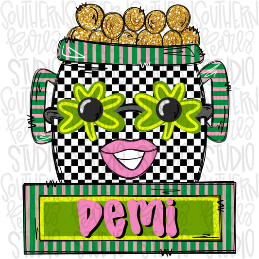 St Patrick’s pot of gold with sunglasses girl with name patch | Sublimation Design | Digital Download | Women’s, Kids Shirt PNG