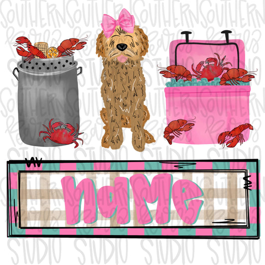 Crawfish boil with goldendoodle trio | girl name patch | Crawfish Season | Sublimation Design | Digital Download | Women’s, Kids Shirt PNG