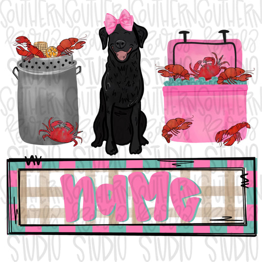 Crawfish boil with black lab trio | girl name patch | Crawfish Season | Sublimation Design | Digital Download | Women’s, Kids Shirt PNG