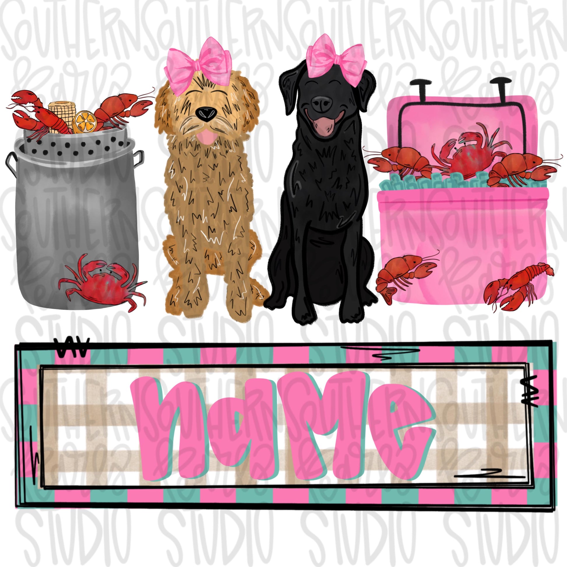 Crawfish boil with black lab and Goldendoodle trio | girl name patch | Crawfish Season | Sublimation Design | Digital Download | Kids PNG