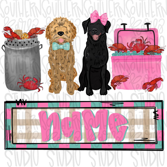 Crawfish boil with black lab and Goldendoodle trio | girl name patch | Crawfish Season | Sublimation Design | Digital Download | Kids PNG