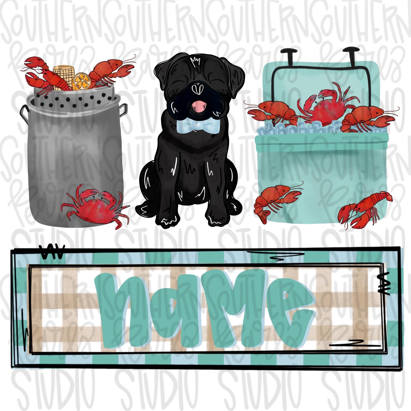 Crawfish boil with black pug trio | boy name patch | Crawfish Season | Sublimation Design | Digital Download | Women’s, Kids Shirt PNG