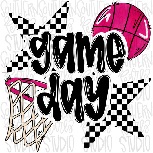 Game Day basketball | Black and White and Pink | Go Team | PNG | Sublimation | Design Download