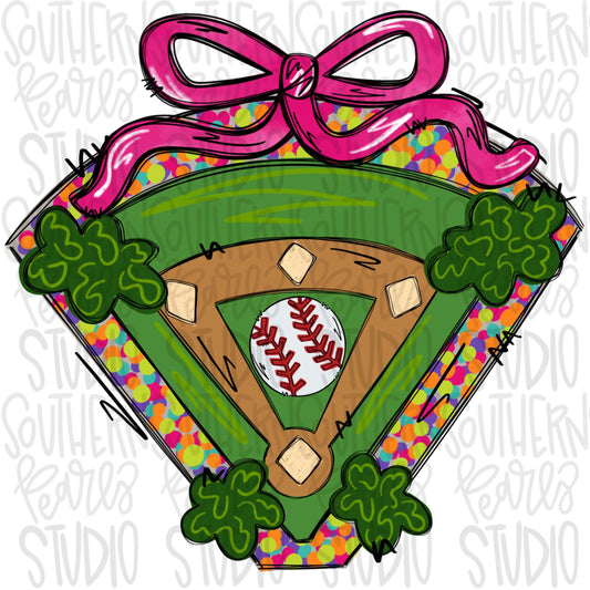 Colorful Baseball field with bow | Sublimation Design | Digital Download | Women’s, Kids Shirt PNG design