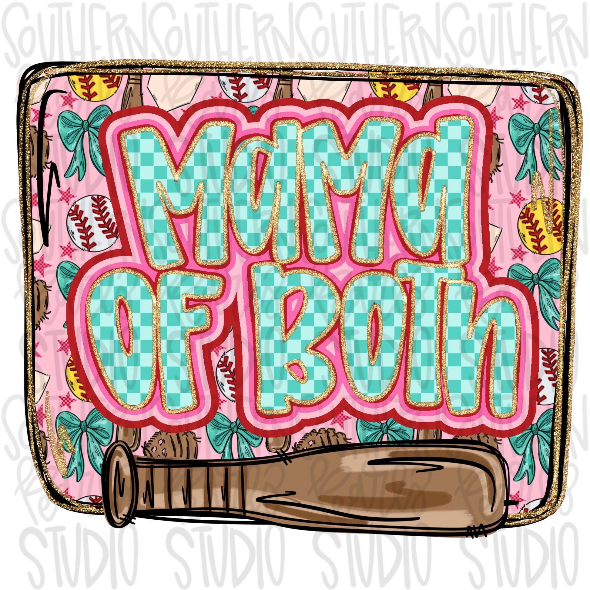 Mama of both Softball and Baseball | handwritten inside square frame with bright colors | Go Team | PNG | Sublimation | Design Download