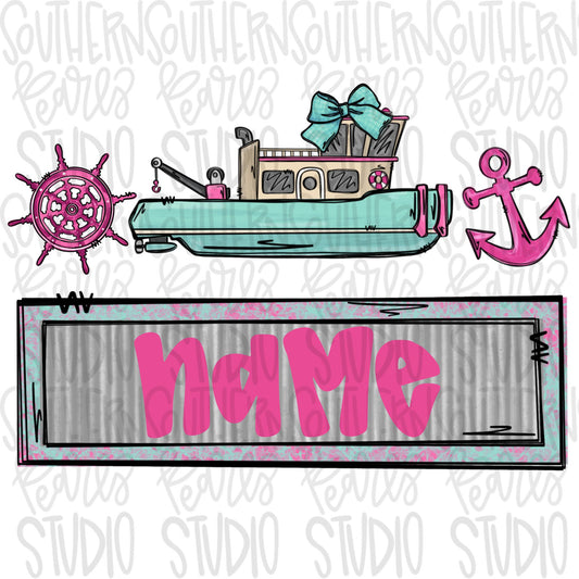 Towboat trio design with bow and name plate | pink and mint | Sublimation Design | Digital Download | Women’s, Kids Shirt PNG
