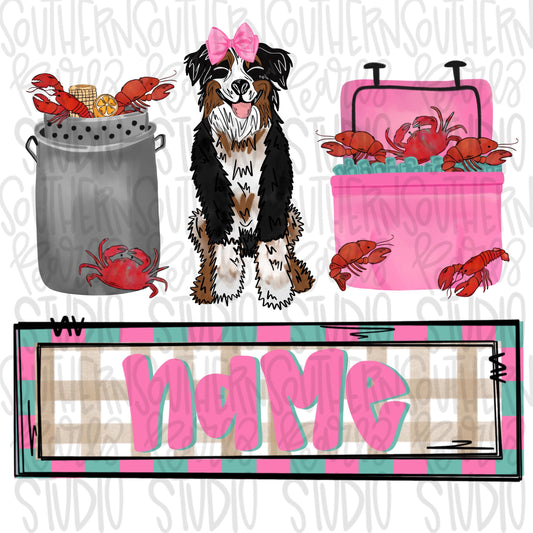 Crawfish boil with Australian shepherd trio | girl name patch | Crawfish Season | Sublimation Design | Digital Download | Kids Shirt PNG