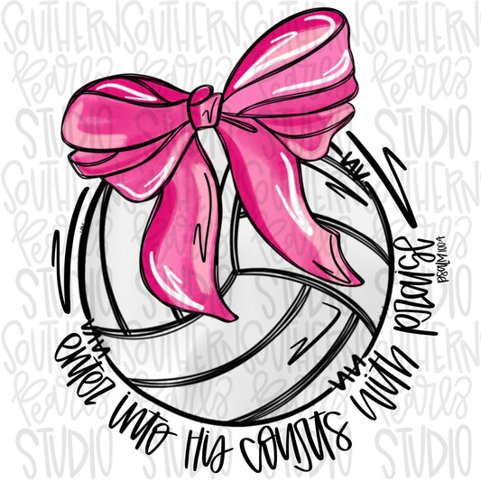Enter his courts with praise volleyball with bow | Pink | Go Team | PNG | Sublimation | Design Download