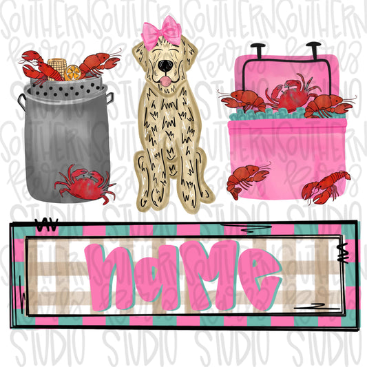 Crawfish boil with yellow lab trio | girl name patch | Crawfish Season | Sublimation Design | Digital Download | Women’s, Kids Shirt PNG