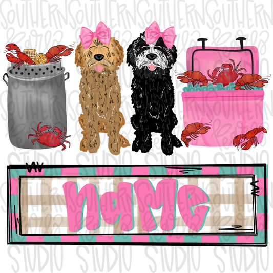 Crawfish boil with black and blonde goldendoodle trio | girl name patch | Crawfish Season | Digital Download | Women’s, Kids Shirt PNG