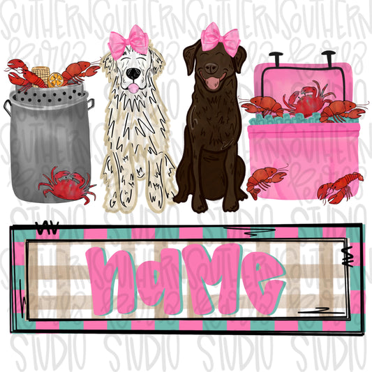 Crawfish boil with chocolate lab and Pyrenees trio | girl name patch | Crawfish Season | Digital Download | Women’s, Kids Shirt PNG