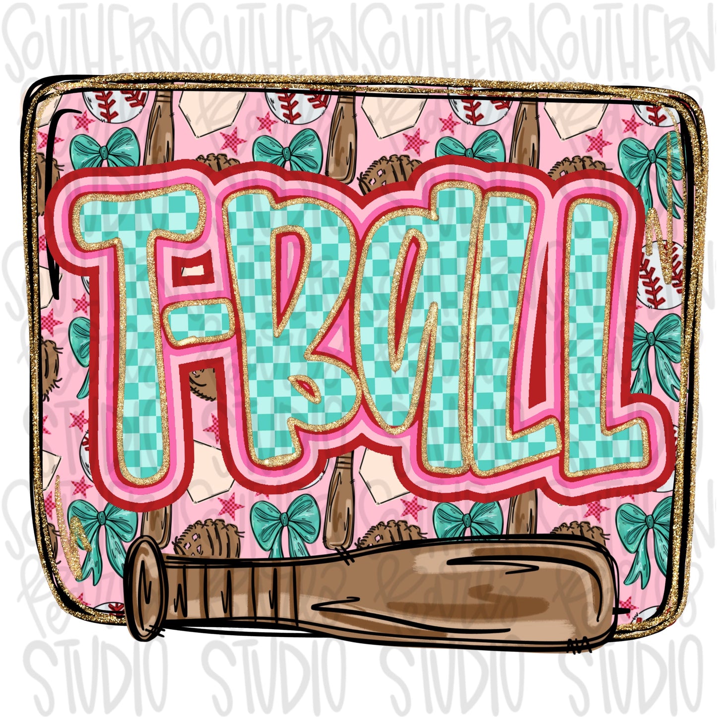 T-Ball | Baseball | handwritten inside square frame with bright colors | Go Team | PNG | Sublimation | Design Download