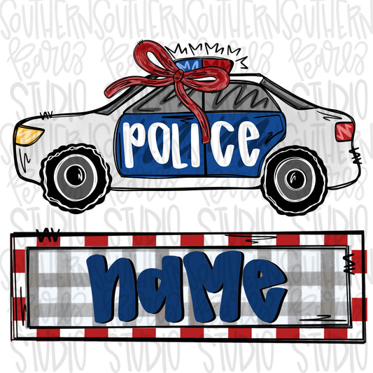 Police car with bow and name patch | Sublimation Design | Digital Download | Women’s, Kids Shirt PNG