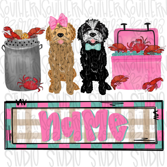 Crawfish boil with black and blonde goldendoodle | girl name patch | Crawfish Season | Digital Download | Women’s, Kids Shirt PNG